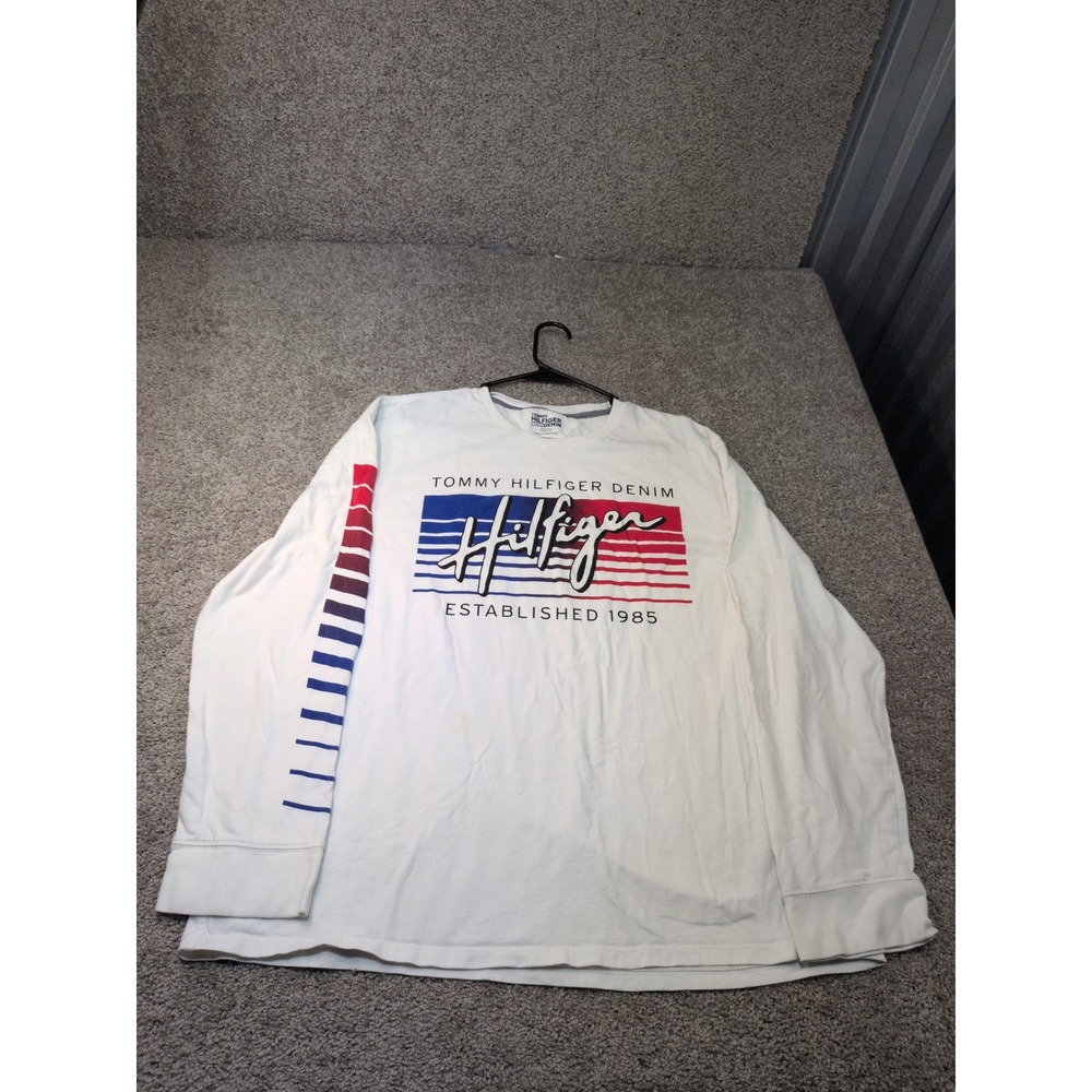 Tommy Hilfiger Denim Mens XXL White Graphic Long Sleeve T-Shirt Established 1985